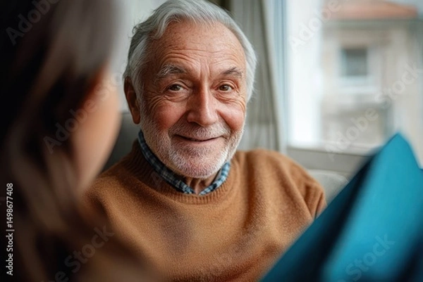 Fototapeta Smiling elderly man with gray hair and beard talking to a woman in a cozy indoor setting by a window, expressing warmth and friendliness