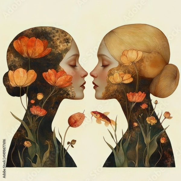 Fototapeta Surreal double profile of two women facing each other with floral and fish elements blending into their silhouettes, evoking a harmonious and contemplative mood