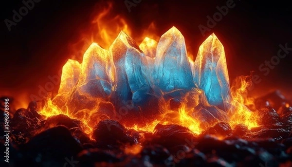 Fototapeta Blue glowing crystals surrounded by vibrant orange fiery lava with dark rocky foreground and background creating intense heat and energy contrast