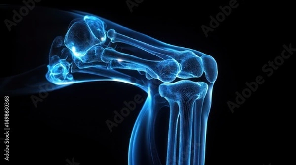 Fototapeta Detailed digital illustration of an arm's skeletal structure focusing on elbow joint with blue glowing effect on a black background