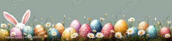 Fototapeta Colorful patterned Easter eggs arranged in grass with white daisies and a cute white bunny peeking out, evoking a festive and cheerful springtime atmosphere