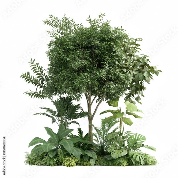 Fototapeta Lush green tree surrounded by tropical plants in a vibrant natural setting.