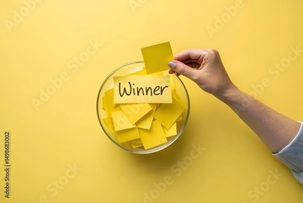 Obraz Hand Picking Winner Sticky Note from Yellow Bowl – Overhead Minimalist Design