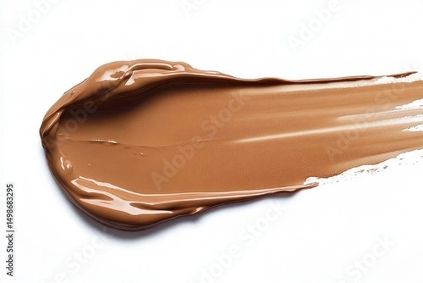 Fototapeta Smooth swatch of medium brown liquid makeup foundation spread evenly on white surface with glossy texture and natural light reflection