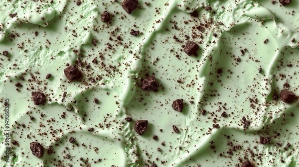 Fototapeta Top view of a texture of mint ice cream with crushed chocolate among it, Generative AI.