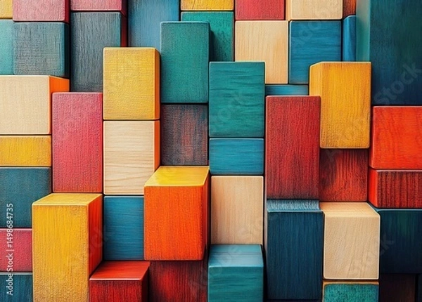 Obraz Close-up view of colorful wooden blocks stacked and arranged in a varied pattern creating an abstract geometric design