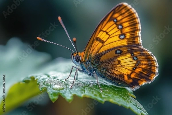 Fototapeta Close-up of orange and black butterfly with patterned wings resting on green leaf covered with dew drops