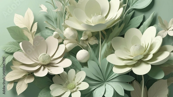 Obraz Paper Flowers in Soft Green Hues