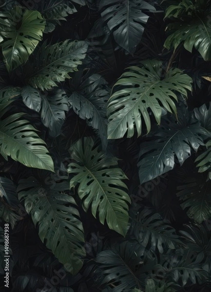 Fototapeta Intricate, dark tropical leaves layered, creating a lush, textured overlay , plant, vignette