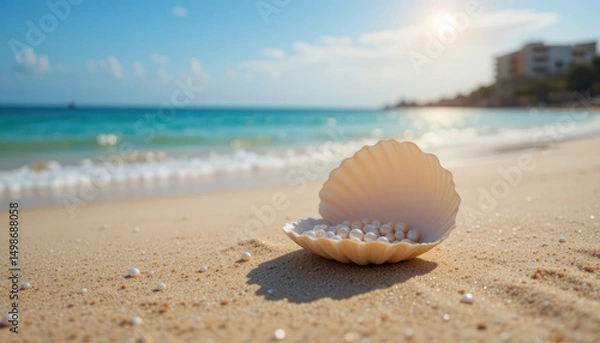 Obraz Seashell with Pearls on Sandy Beach at Sunrise	