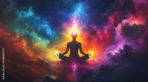 Obraz Silhouette of a person meditating in lotus position surrounded by vibrant cosmic clouds and bright colorful light emanating from the head, evoking a sense of inner peace and enlightenment