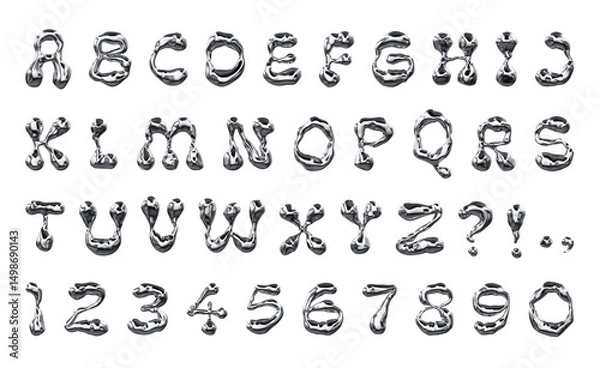 Obraz クロームメタリック風3Dフォントセット – アルファベット＆数字記号コレクション