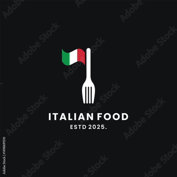 Fototapeta Italian food logo with fork and flag on black background