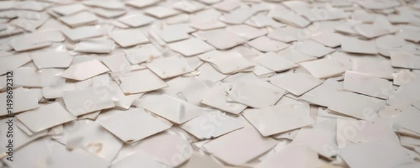 Fototapeta Creamy blank cards strewn across white surface, close-up showing texture ,  index cards,  design