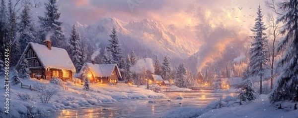 Fototapeta Digital painting of a tranquil lake surrounded by snow-capped mountains at sunrise, Generative AI