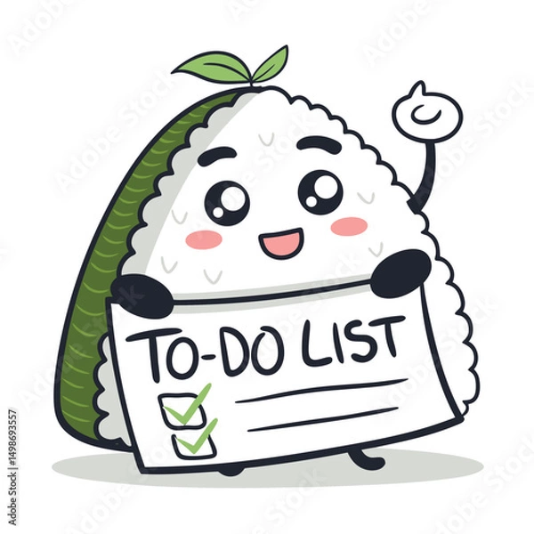 Fototapeta A cute, smiling rice ball, visibly stressed, clutching a to-do list overflowing with tasks.  Its face conveys anxiety despite the smile.
