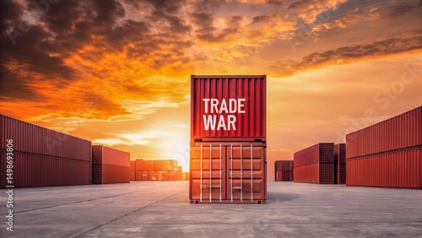 Fototapeta Trade war negotiation tension shown by shipping container at sunset in industrial port