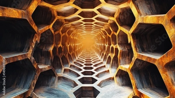 Obraz Interior view of a geometric honeycomb-like tunnel with warm lighting creating depth and an abstract, futuristic atmosphere
