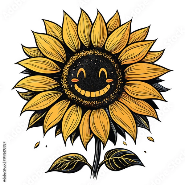 Fototapeta A close-up of a cheerful, slightly damaged sunflower; some petals are missing, and the edges show scorch marks, yet it still smiles brightly.