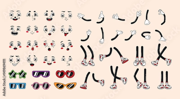 Obraz Groovy retro cartoon character elements: legs, hands, faces. Funky comic psychedelic mascot parts, different poses and angles. 60s, 70s, 80s hippie vector illustration set.