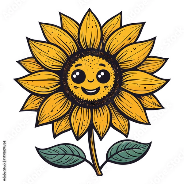 Fototapeta A whimsical illustration of a smiling sunflower, partially burnt and with missing petals, conveying resilience.