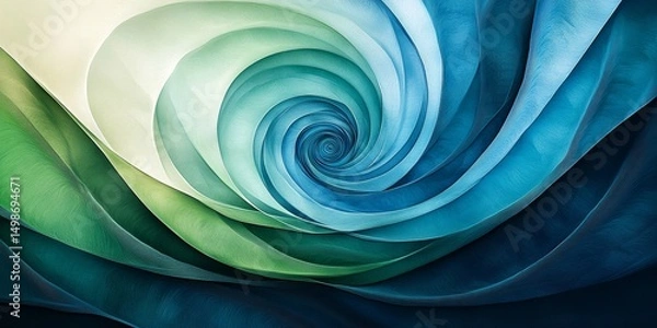 Fototapeta Abstract design of waves and curves forming a spiral in shades of blue and green, Generative AI