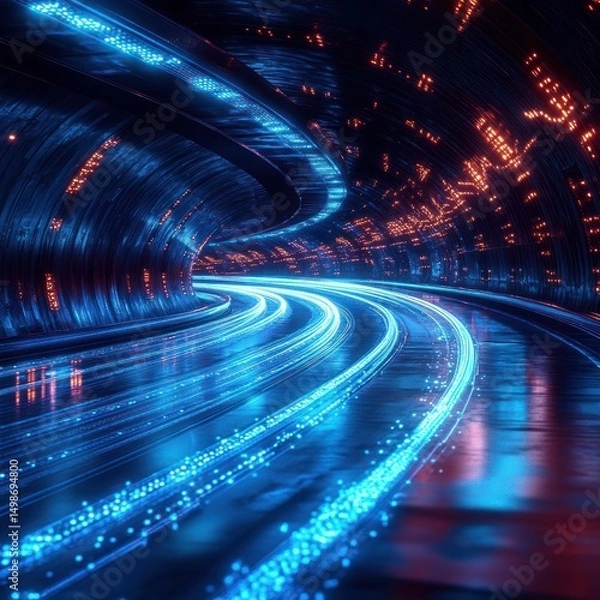 Fototapeta Futuristic tunnel illuminated with vibrant blue and orange lights curving smoothly creating a sense of high-speed motion and advanced technology