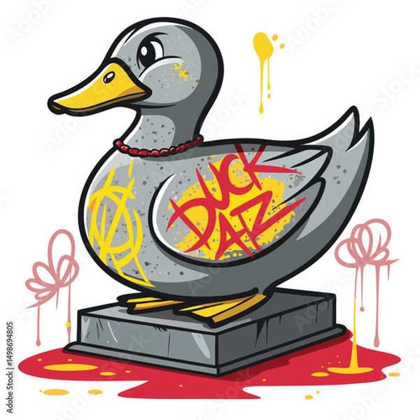 Fototapeta A weathered, cracked duck statue on a city street, partially broken open, revealing its internal structure, heavily adorned with vibrant graffiti art.