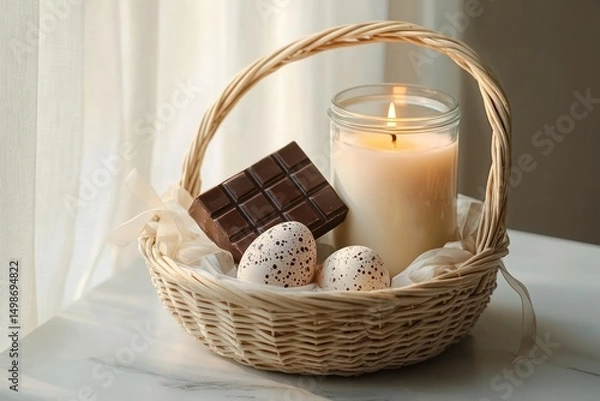 Fototapeta woven basket holding a lit candle, a bar of chocolate, and two speckled eggs on a light surface near a sheer curtain, evoking a calm and cozy atmosphere