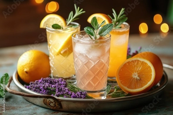 Fototapeta Three refreshing citrus drinks served on a round tray with fresh oranges, lemon slices, purple flowers, and green herb garnishes in an ambient setting with warm lights