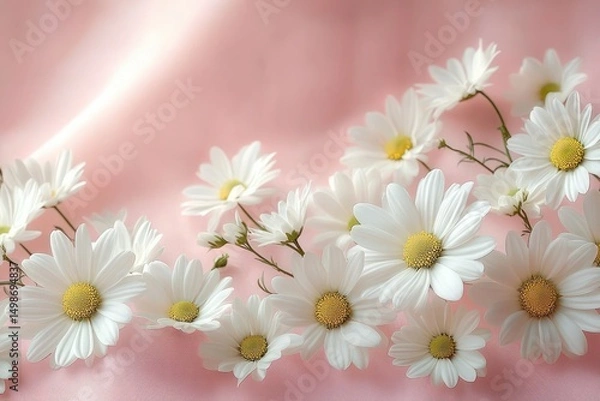 Fototapeta Delicate white daisies with yellow centers gracefully arranged on a soft pink satin fabric background, evoking a sense of tranquility and elegance