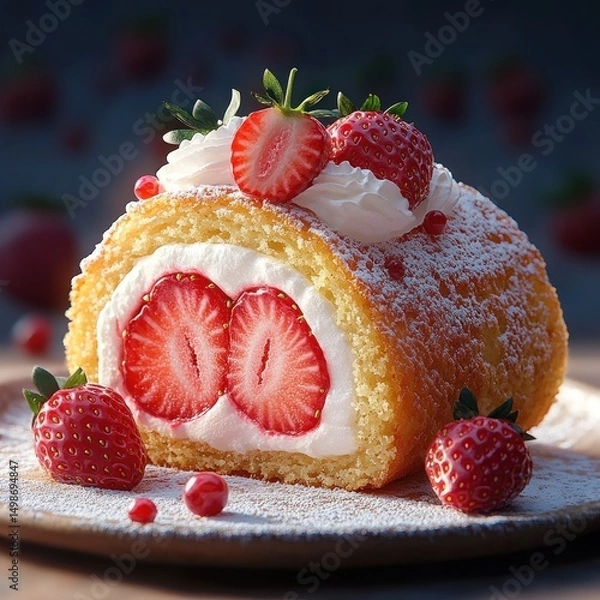 Fototapeta Close-up of a rolled sponge cake filled with whipped cream and fresh strawberries, decorated with powdered sugar and berries, evoking a fresh and delicious dessert feeling