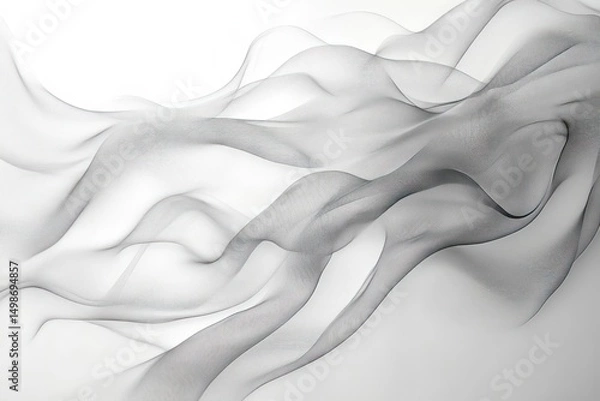 Fototapeta Abstract composition of flowing translucent black and gray smoke-like waves on a white background creating a dynamic and ethereal effect