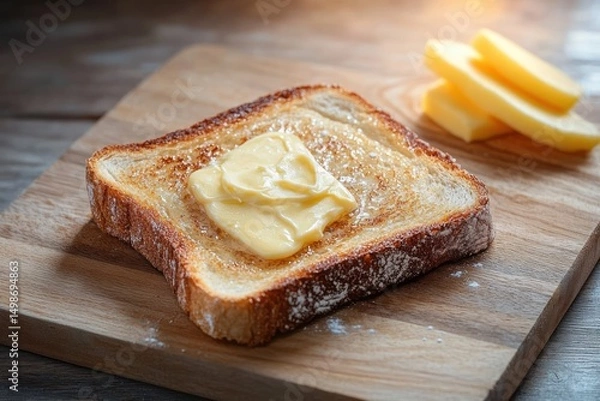 Obraz Close-up of a buttery slice of toasted bread on a wooden cutting board with a few butter slices in the background, evoking warmth and delicious simplicity