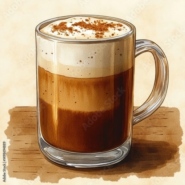 Fototapeta Close-up illustration of a clear glass mug filled with layered coffee topped with frothy cream and sprinkled cinnamon on a wooden surface