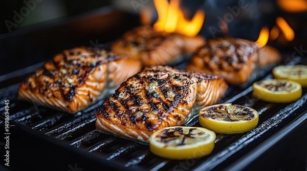 Fototapeta Grilled salmon fillets with char marks cooking on a barbecue alongside sliced lemons with flames in the background