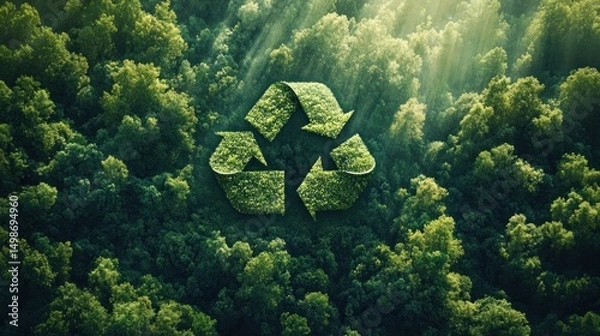 Fototapeta Sunlit dense forest with a green recycling symbol formed from foliage at the center, conveying environmental care and sustainability