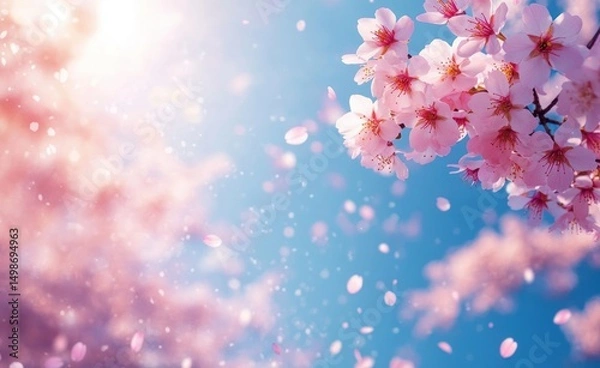 Fototapeta Close-up of delicate pink cherry blossoms in full bloom with petals gently falling against a bright blue sky, evoking a serene and peaceful spring atmosphere