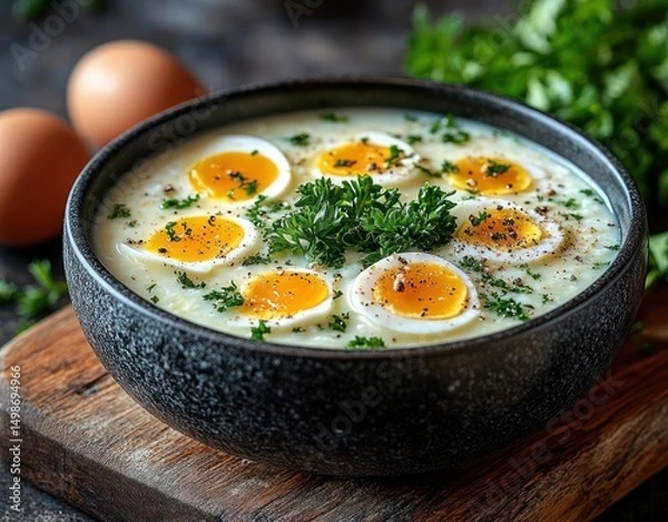 Fototapeta Black bowl of creamy soup garnished with six halved boiled eggs, sprinkled with herbs and cracked black pepper, centered with fresh parsley on wooden board with eggs in background