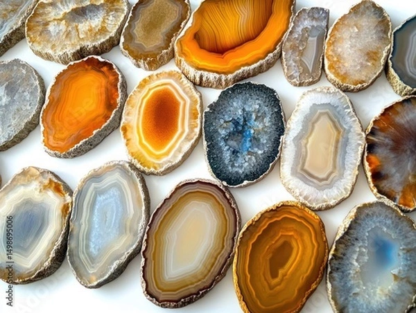 Fototapeta Collection of polished agate and geode slices in various colors and patterns laid out on a white surface, showcasing natural crystal formations and textures