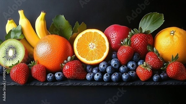 Fototapeta Fresh assortment of vibrant fruits including bananas, kiwi, oranges, strawberries, and blueberries arranged on a dark surface with green leaves, evoking freshness and health