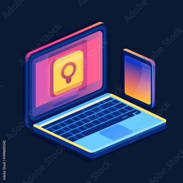 Obraz Glowing digital illustration of a laptop displaying a search icon on screen next to a smartphone with a gradient display on a dark background