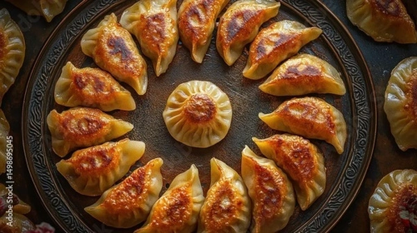 Fototapeta Plate of golden brown pan-fried dumplings arranged in a circular pattern with one steamed dumpling in the center on a decorative round plate