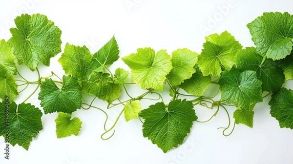 Fototapeta Fresh green vine leaves with curling tendrils spread out on a clean white background, showcasing vibrant natural growth and organic texture