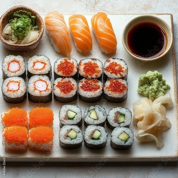 Fototapeta Assorted sushi platter with different rolls including salmon nigiri, cucumber and fish rolls, crab sticks with roe, served with wasabi, pickled ginger, soy sauce and green onion garnish