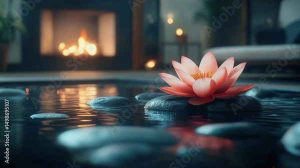 Fototapeta Pink lotus flower resting on smooth stones in a calm water setting with a cozy glowing fireplace and blurred indoor background providing a tranquil atmosphere