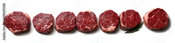 Fototapeta Seven raw beef filet mignon steaks aligned horizontally on white background with one sprig of fresh rosemary