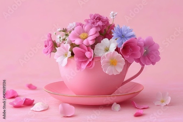 Fototapeta pink teacup filled with assorted vibrant pink, white, and blue flowers with scattered petals on pink surface conveying delicate and cheerful mood