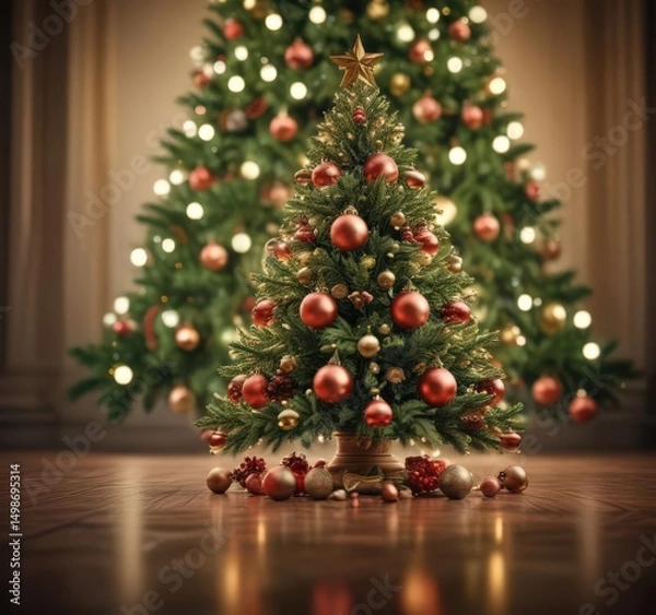 Obraz Ornate Christmas tree, glittering baubles, bokeh lights, christmas tree,  garland