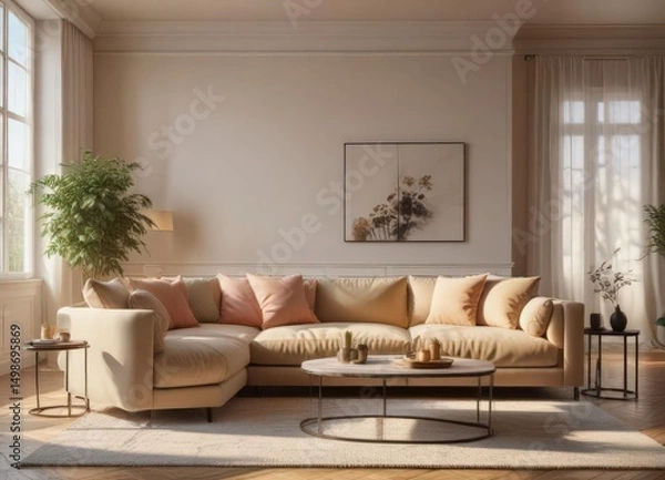 Obraz Sunlit living room, plush sofa, elegant decor, window, bright